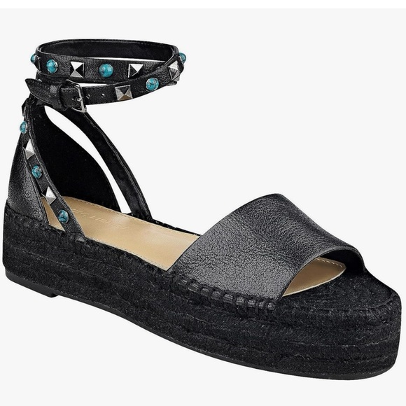 Marc Fisher Shoes - Mark Fischer Black Teal Studded Womens Ankle Wrap Open Toe Sandal 10 Espadrille